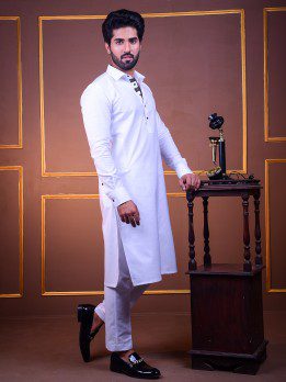 WHITE KURTA PAJAMA WITH BLACK LACE