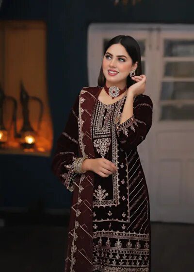 Embroidered Velvet 3 Piece Suit by Style Us