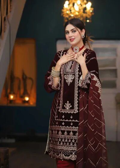 Embroidered Velvet 3 Piece Suit by Style Us